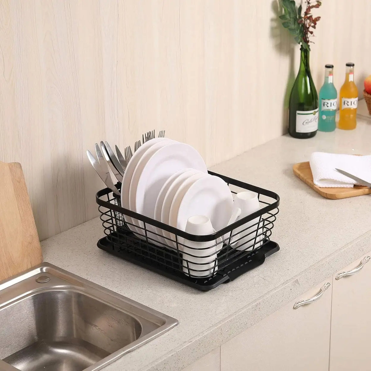 Senhoglb Geschirrabtropfgestell über dem Spülbecken – 36,1 × 30,7 × 14 cm – 3-in-1 – Mit Besteckhalter und Tropfschale