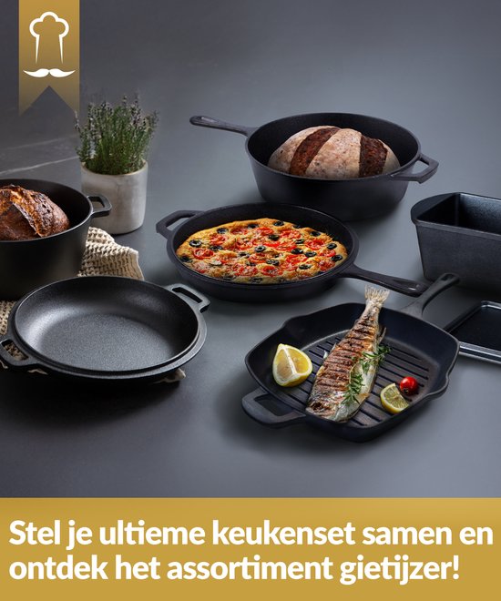 Chefarone Grillpfanne aus Gusseisen – 25,5 cm – Für Induktion, Gas, Backofen und Grill – Quadratische Grillpfanne mit Rillen – Perfekte Grillstreifen und gleichmäßige Wärmeverteilung – Pfanne mit Griff