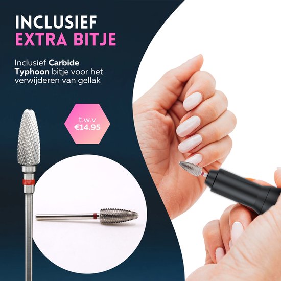 Beeperfect® Elektrische Nagelfeile - Nagelfräse - Maniküre- und Pediküreset - 12 Bits und 60 Schleifrollen - 4 Extra-Zubehör - Schwarz