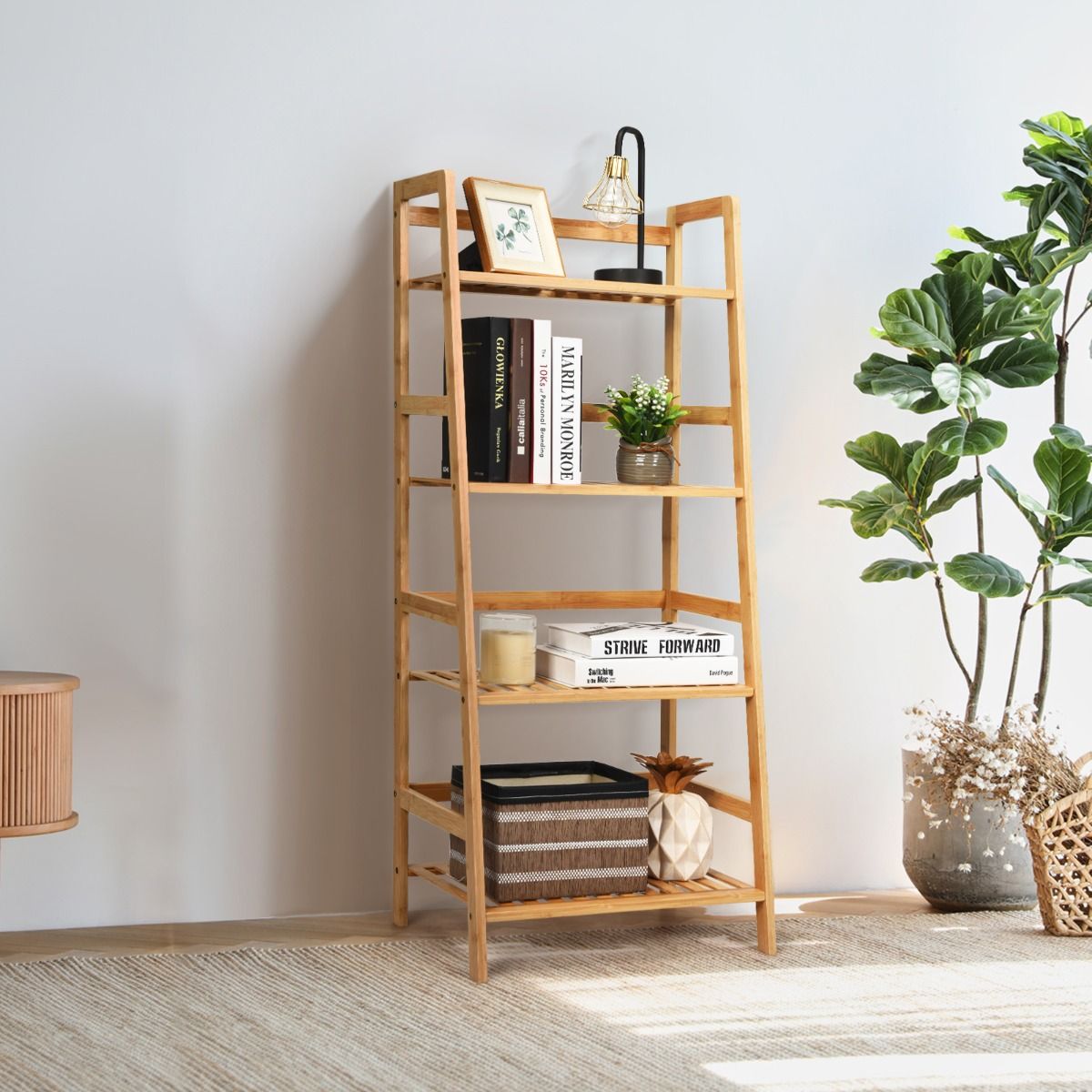 Coast 4-tier Ladder Shelf Plant Stand and Bamboo Book Rack - Natural - 48x32x114 cm
