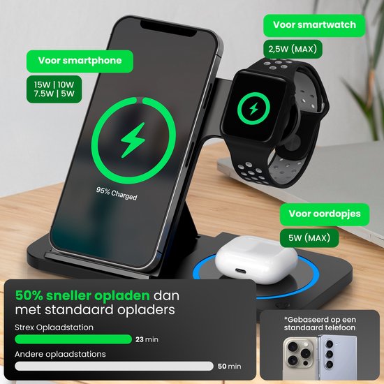 Strex 3-in-1 Wireless Charger - Ladestation - 15W Schnellladegerät - faltbar - geeignet für iOS & Android, Apple Watch, AirPods und Wireless Earphones - Schwarz