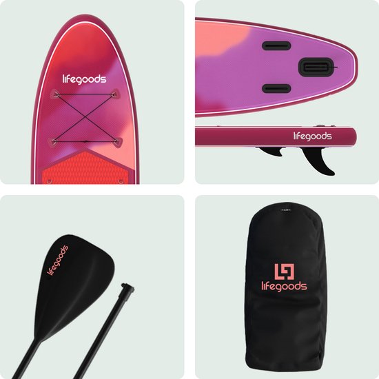 LifeGoods SUP Board All-round Compact - 100 KG Belastbarkeit - 300 x 76 cm - Aufblasbar - Komplettes SUP Paket - Rot/Lila
