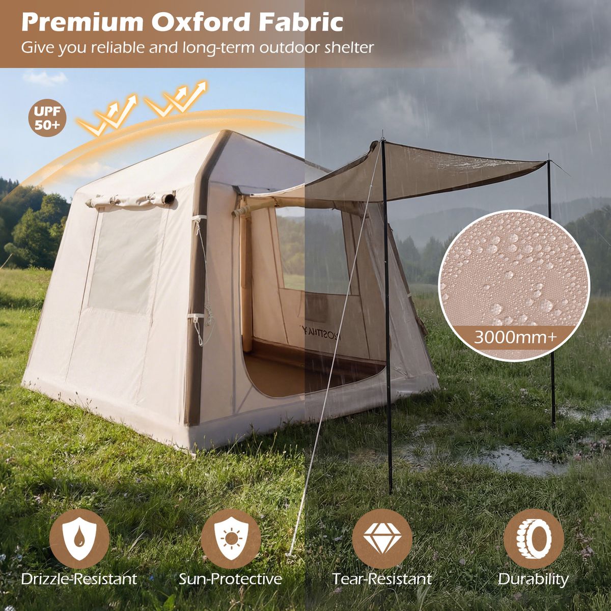 Coast Aufblasbares Campingzelt – 2 bis 4 Personen – Inklusive Pumpe und Tragetasche – Khaki – 210 x 210 x 180 cm