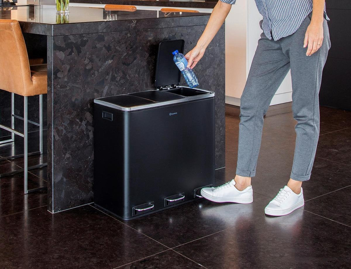 Homra - Mülleimer - Mülltrennsystem  - 3 Fächer - 3 x 18 L Fassungsvermögen - 54 Liter - Edelstahl - Schwarz