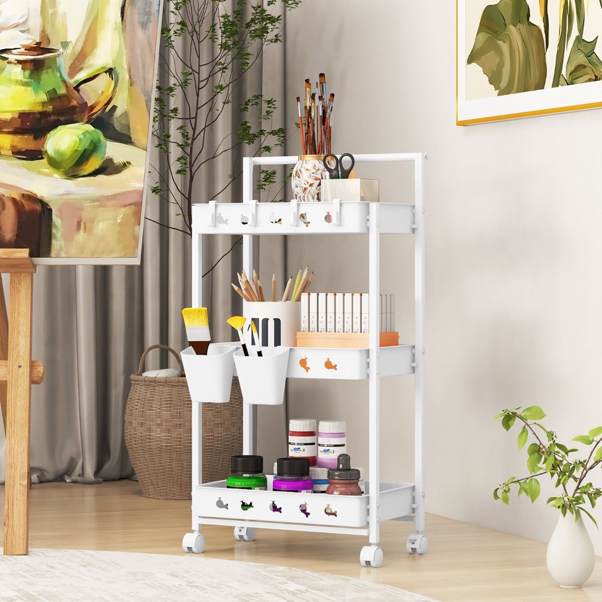 Coast Aufbewahrungswagen – 3 Ebenen – mit Haken und Bechern – weiß 42 x 29 x 83 cm