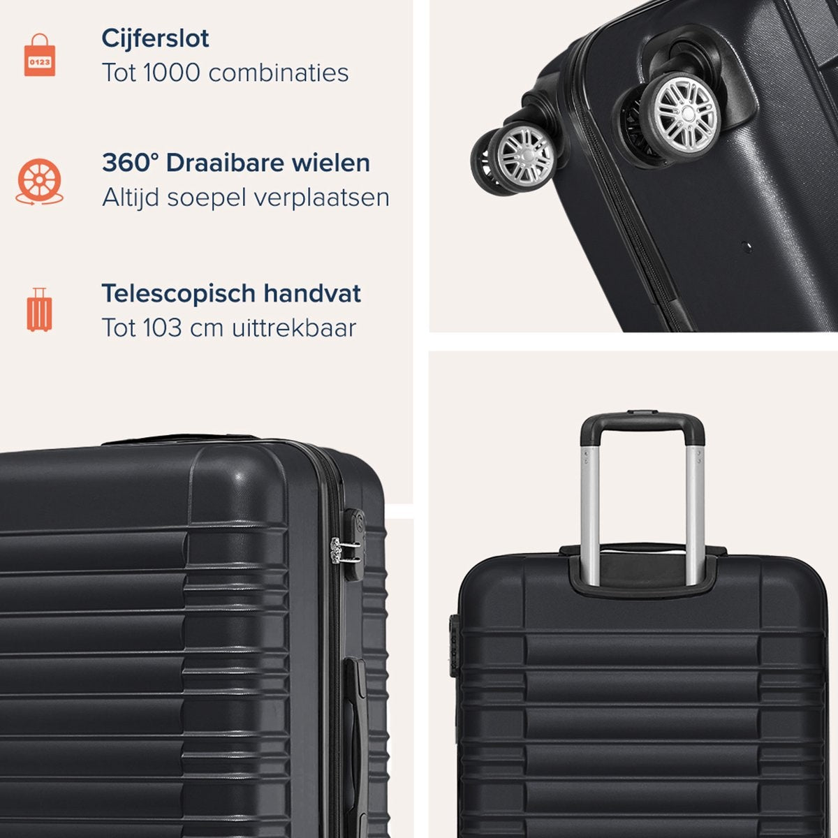 TRVLMORE - Kofferset - 3 Stück - 38L (Handgepäck) + 70L + 110L - Schwarz