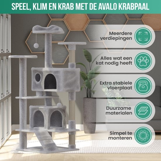 Avalo - Katzenkratzbaum - mit 7 Ebenen - 137x49x49 CM - für große Katzen - Hellgrau