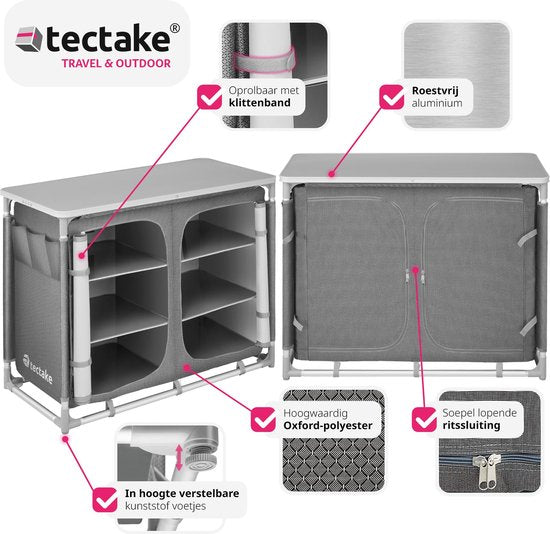 tectake - Campingschrank 97x47,5x78cm - klappbar - abschließbare Fächer - stabile Arbeitsflächen - praktische Seitentaschen - grau