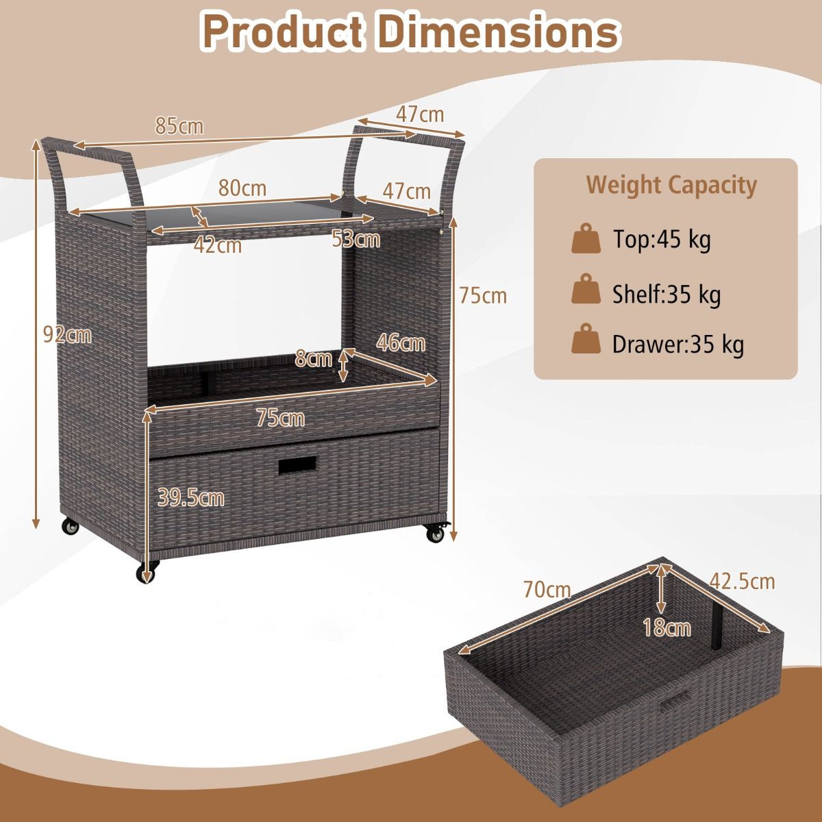 Coast Barwagen aus Korbgeflecht – mit Platte aus gehärtetem Glas – große Schublade und offenes Regal – braun – 85 x 47 x 92 cm
