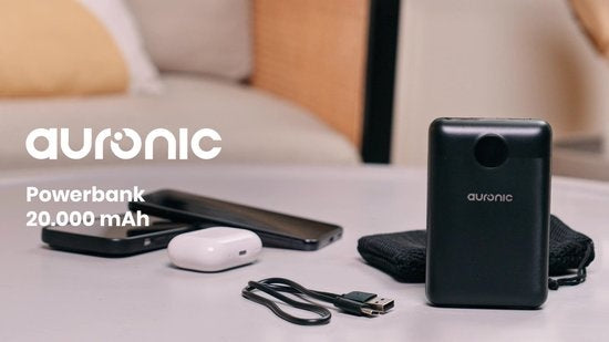 Auronic Powerbank - Schnellladegerät für iPhone und Samsung - 20.000 mAh - 22,5 W - 3 Ladeanschlüsse - Schnellladen über USB-A und USB-C - Schwarz