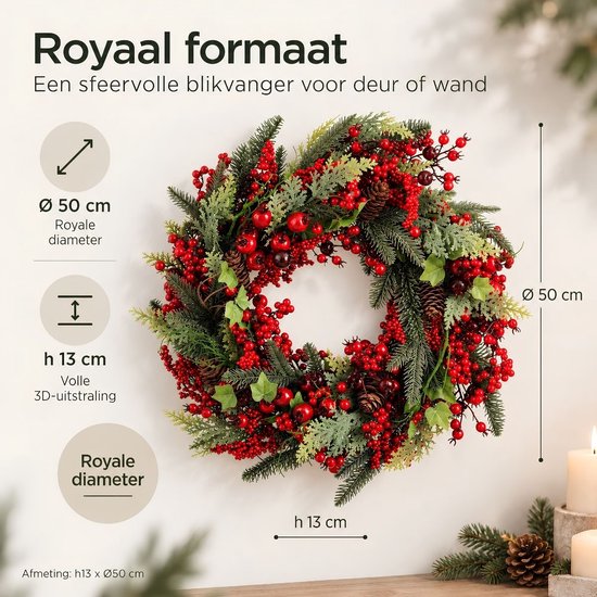 Mica Decorations Norah Weihnachtskranz mit Tannenzapfen – Weihnachtsdekoration im traditionellen Stil – Türkranz für den Flur oder die Haustür – H 13 x Ø 50 cm – Rot und Grün