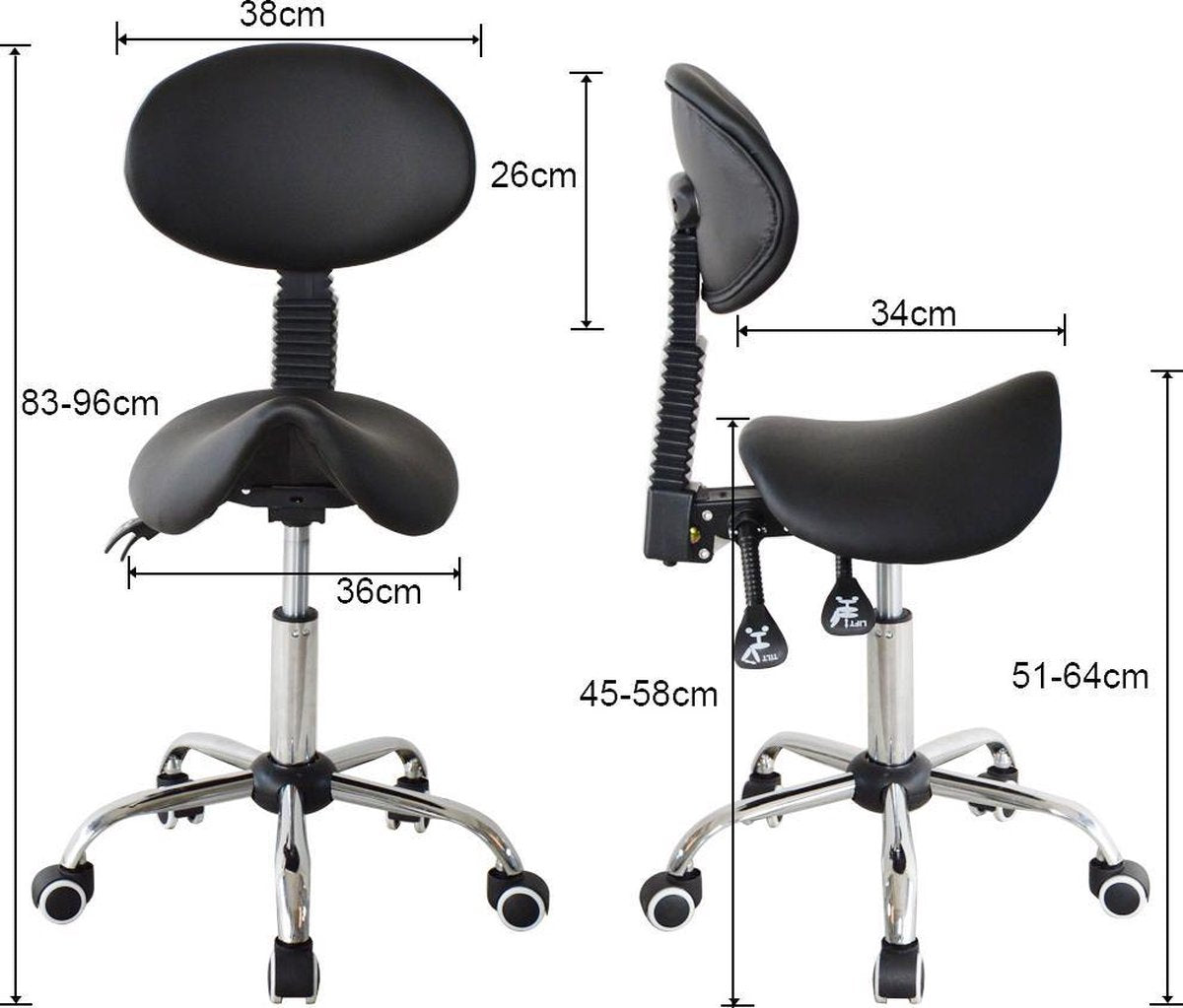 VDD-Sattelhocker - Ergonomisch kippbare Rückenlehne - Höhenverstellbar - 38x36x96cm