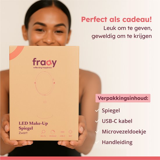 Fraay® Make-up-Spiegel mit LED-Beleuchtung - 10-fache Vergrößerung - Vergrößerungsspiegel mit Licht - wiederaufladbar - Rasierspiegel - Badezimmerspiegel - Schwarz