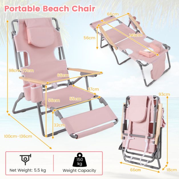 Coast Klappbarer Strandstuhl 66 x 149 x 56 cm – 3-in-1 – Fußstütze/Gesichtsausschnitt – Rosa