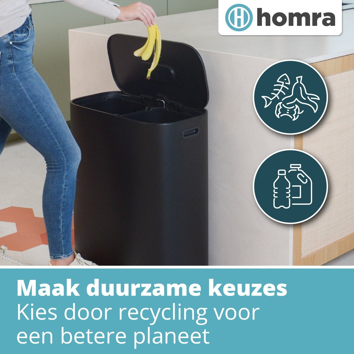 Homra - Mülleimer - 2x30L - Mülltrennung - mit Geruchsfilter - Edelstahl - Schwarz