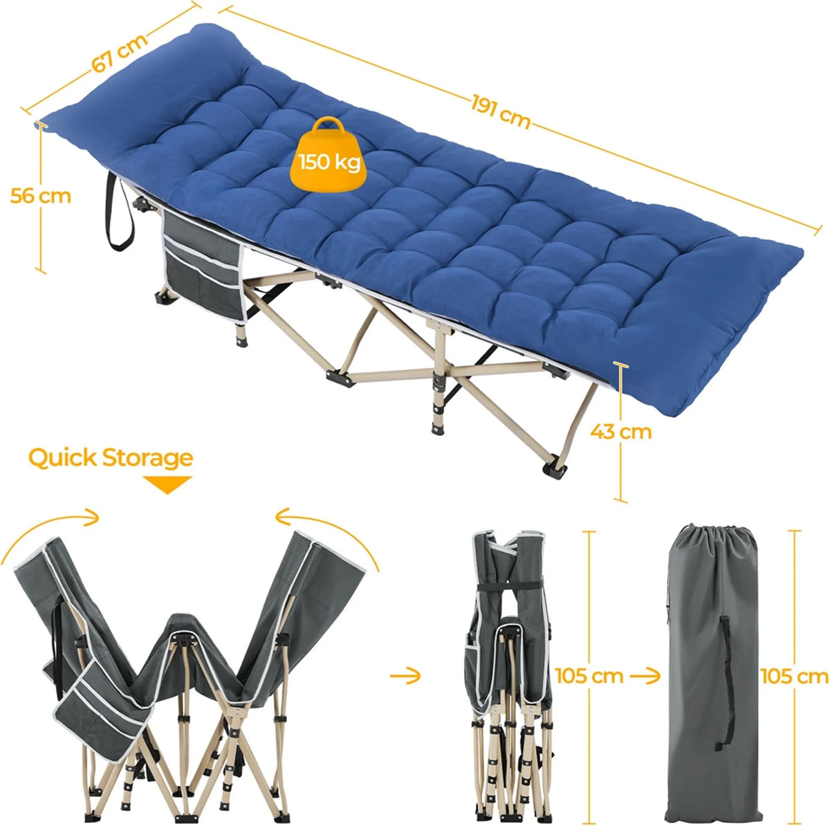 Yaheetech Camping Bett faltbar 150 kg - Ausgestattet mit weicher Matratze und Seitentaschen und enthält Tragetasche - Für Camping und Büro - Grau und Blau 600D Oxford und Metall - 191 x 67 x 56 cm