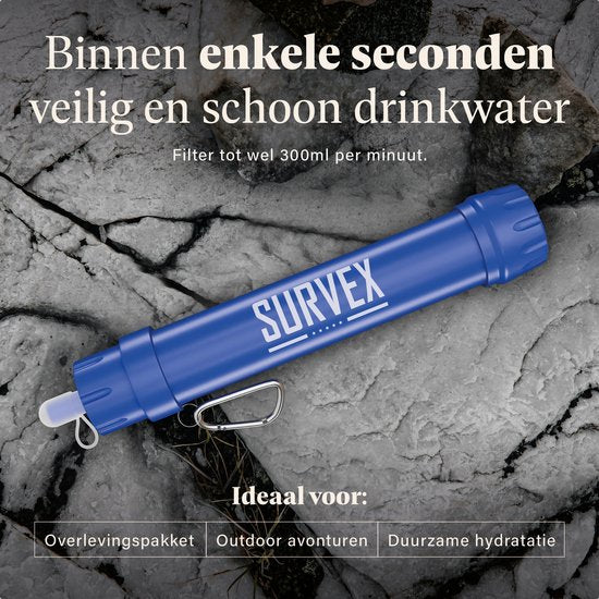 SURVEX Personal Water Filter Straw XL 4000L - Einzigartiger KDF-55 Filter - Wasserfilter Survival & Outdoor - BPA-frei - Notfallset für Zuhause - Komplettset Wasserreiniger - Trinkflasche Wasserreinigung Outdoor - Survival Kit - Blau
