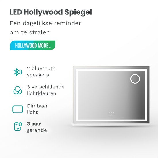Mirlux Hollywood Mirror 80x60CM - 2 Bluetooth-Lautsprecher - USB & USB-C Ladeanschlüsse - LED-Beleuchtung - Schminkspiegel - 10x Zoom - Aufhängbar - Weiß
