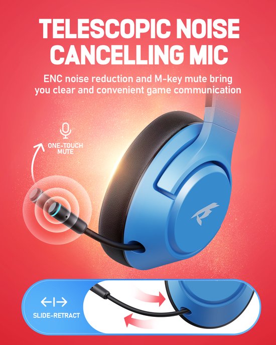 Kofire × CINPUSEN CG-01 – Kabelloses Gaming-Headset – Over-Ear-Kopfhörer – Mit Mikrofon – PC/PS4/PS5/Nintendo Switch – Blau-Rot