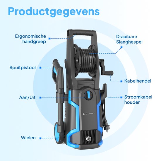 Lugia Hochdruckreiniger – 135 bar – 1600 W – 430 l/h – Kombipaket mit Terrassenreiniger – Rotationsbürste und Turbo-Düse