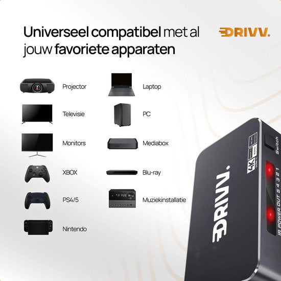 Drivv. HDMI Umschalter 4K 60Hz - 5 Eingänge 1 Ausgang - Inklusive Fernbedienung - Automatische Umschaltung - Unterstützt 720p/1080p/4K/3D - Schwarz