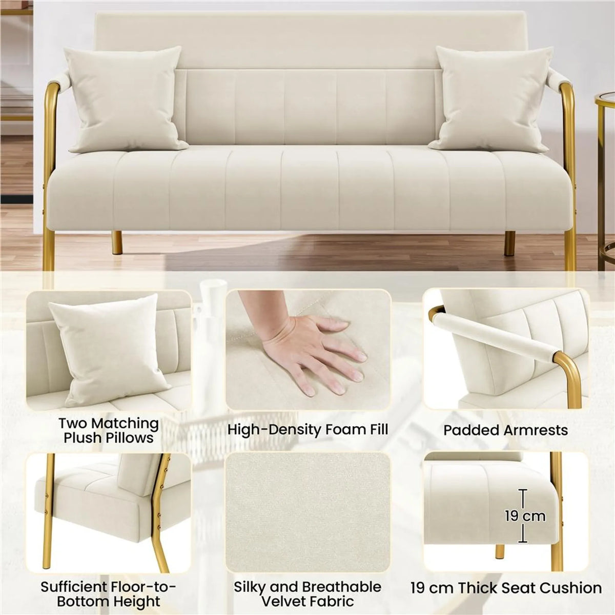 2-Sitzer-Stoffsofa mit Armlehnen und Metallbeinen, beige, 143,5 × 71,5 × 75,5 cm