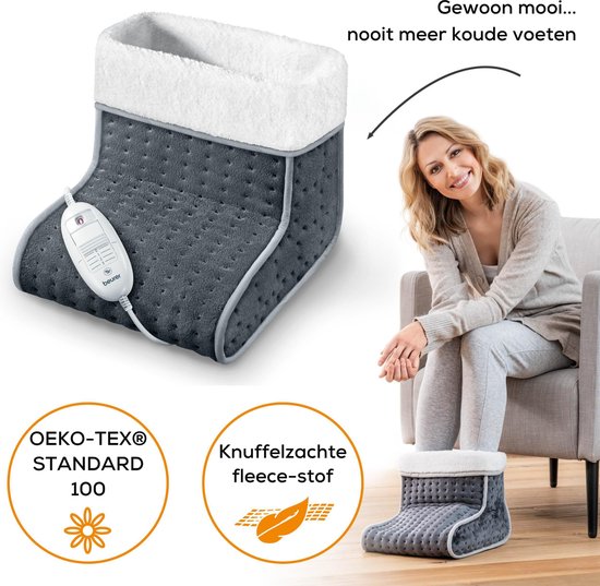 Beurer FW 20 Elektrischer Fußwärmer – 3 Heizstufen – Bis Größe 47 – Schnelle Aufheizung – Automatische Abschaltung – Fleece/Teddy – Maschinenwaschbares Innenfutter – 3 Jahre Garantie – Grau