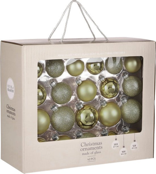 House of Seasons Weihnachtskugelset - 42 Stück - Ø7 cm - Glas - Hellgrün