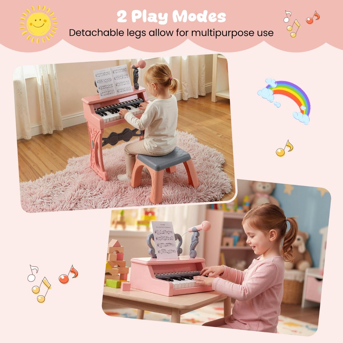 Coast Kinderkeyboard – 25 Tasten – mit Hocker, Notenständer und Mikrofon – rosa und grau