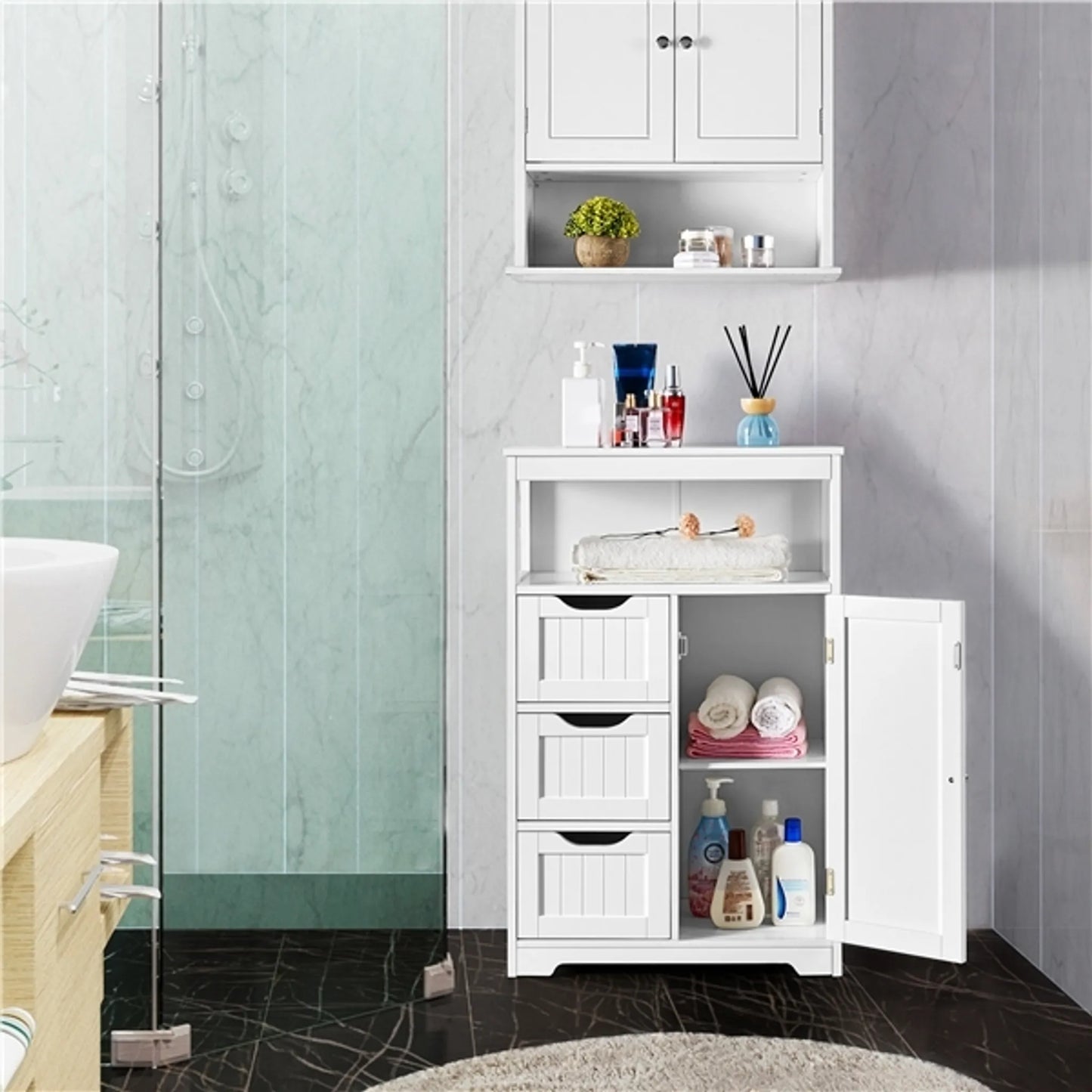 Yaheetech Badezimmerschrank Weiß - Verfügt über 3 Schubladen und Schrank mit verstellbarem Regal und offener Lagerung - Für Wohnzimmer und Schlafzimmer - Weiß Mdf und Metall - 55,5 x 29,5 x 86,5 cm