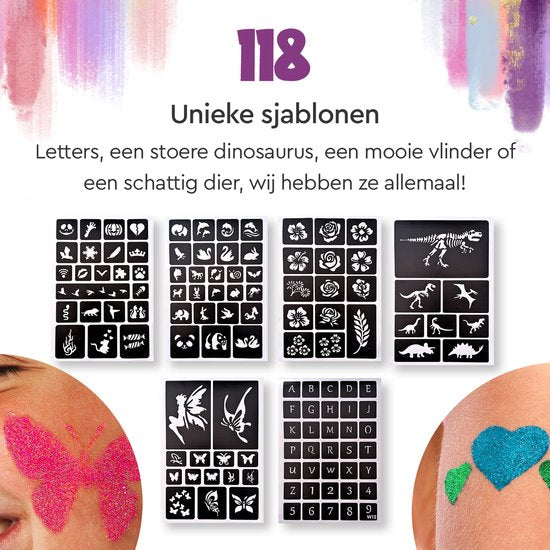 Partizzle Komplettes Bio Glitter Tattoo Set - Mädchen / Jungen - Schminkschablonen, Kleber und Pinsel - Face Fake Neon Tattoos Bastelset - Karneval Geschenk Basteln für Kinder - 24 Farben / Biologisch abbaubar