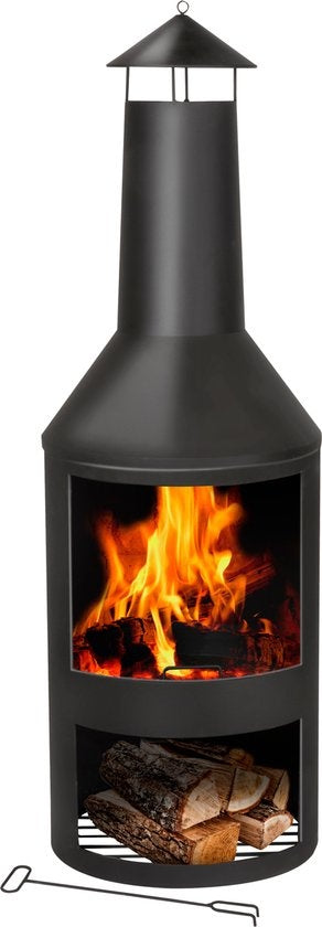 BBQ Collection Außenkamin - Outdoor-Ofen - mit Schornstein - 134 x 44,5 x 44,5 cm - mit Aschefänger, Schürhaken und Holzlager - Carbonstahl - Schwarz