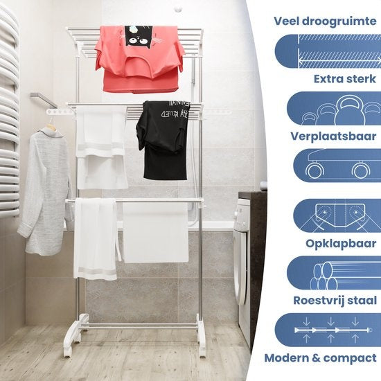 Avalo Wäscheständer - Trockenturm mit Rädern - 4 Ebenen - faltbar - Weiß