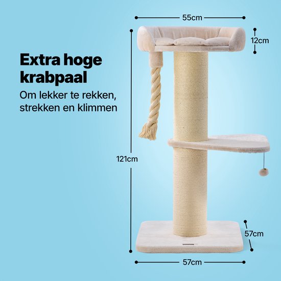 Jake und Jacky Kratzbaum für große Katzen mit Korb – mit Spielseil – mit Trittstufe – Natur/Creme – 57 x 57 x 121 cm – Ø Kratzbaum 20 cm