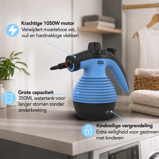 Infinity Goods Dampfreiniger – 12-in-1-Handdampfreiniger – Handdampfreiniger – Fleckenentferner – Teppichreiniger – 10 Aufsätze – 1050 Watt – 3,2 bar – Blau