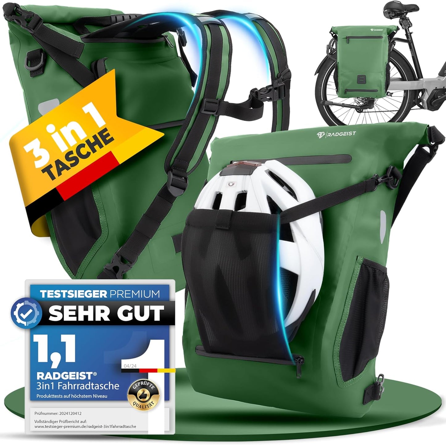 RADGEIST 3in1 Fahrradtasche für Gepäckträger I Fahrradtasche, Rucksack & Umhängetasche 18-22L I Tasche für Fahrrad 100% wasserdicht grün