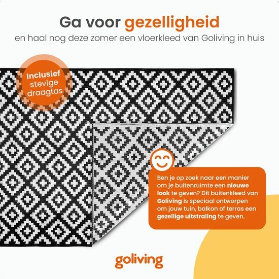 Goliving Outdoor Teppich Summer Diamond - 183x290CM - Gartenteppich - Outdoor Teppich - Teppich - Gartenteppich - Reversibel - Inkl. Tragetasche - Schwarz/Weiß
