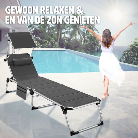 tectake - Sonnenliege gepolstert, klappbar - grau - 220 x 60,5 x 34 cm, mit Seitentasche