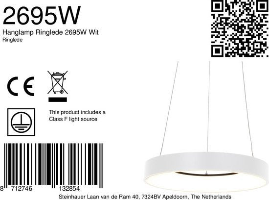 Hängeleuchte Ringlede 2695W, weiß, rund, 48 cm, elektrisch höhenverstellbar, aus Kunststoff und Metall, Steinhauer Modern