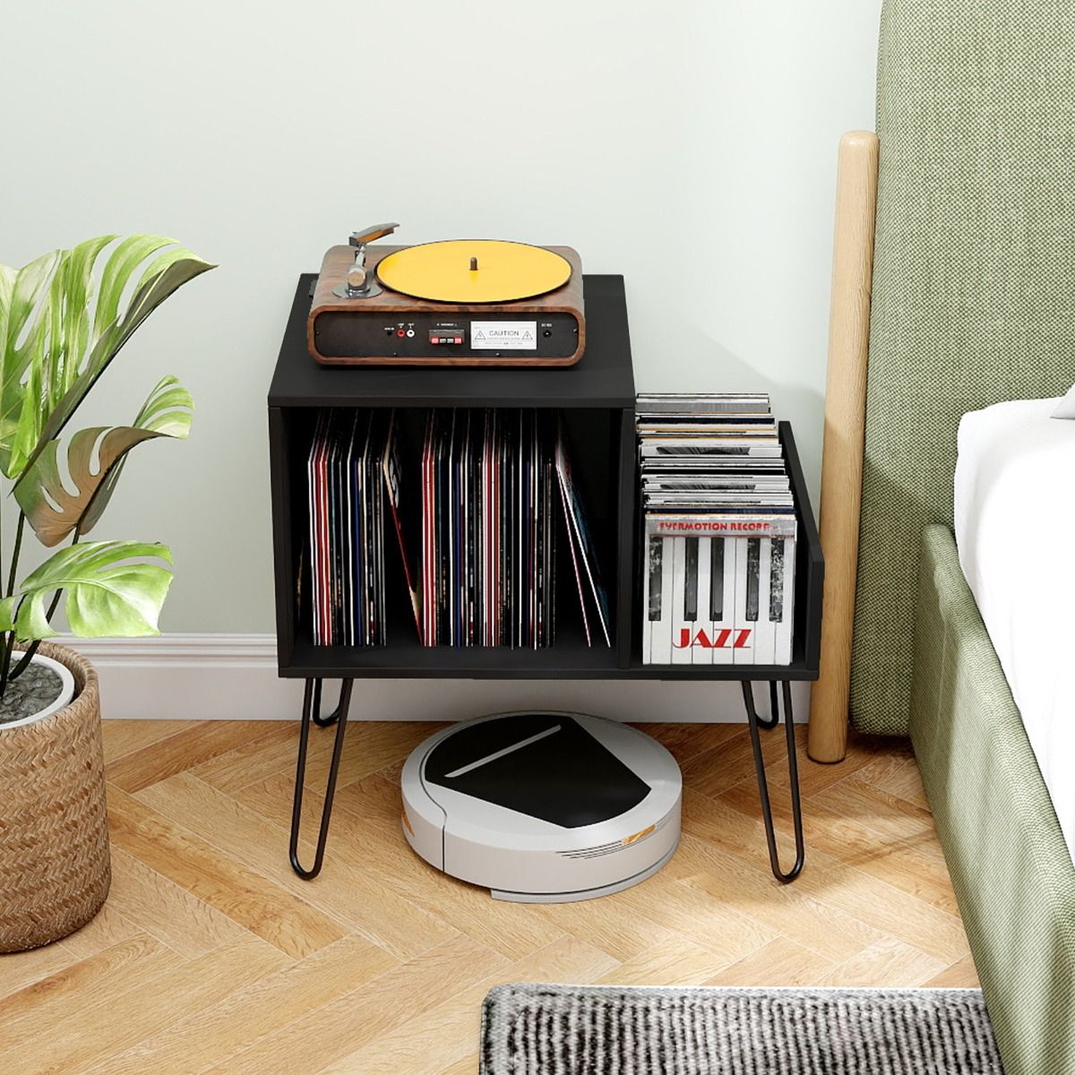 Coast Plattenspieler-Ständer – Beistelltisch mit Steckdose und USB-Anschluss – Mid-Century-Stil – weiß/schwarz/braun – 66 x 45 x 67 cm