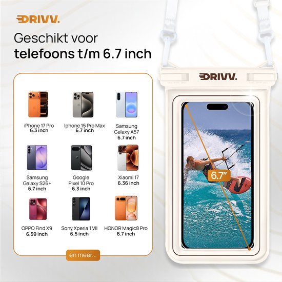 Drivv. Luxuriöse wasserdichte Handyhülle – schwimmfähig – doppelter Clipverschluss – für Handys bis zu 6,8 Zoll – Unterwasser-Handyhülle – Beige