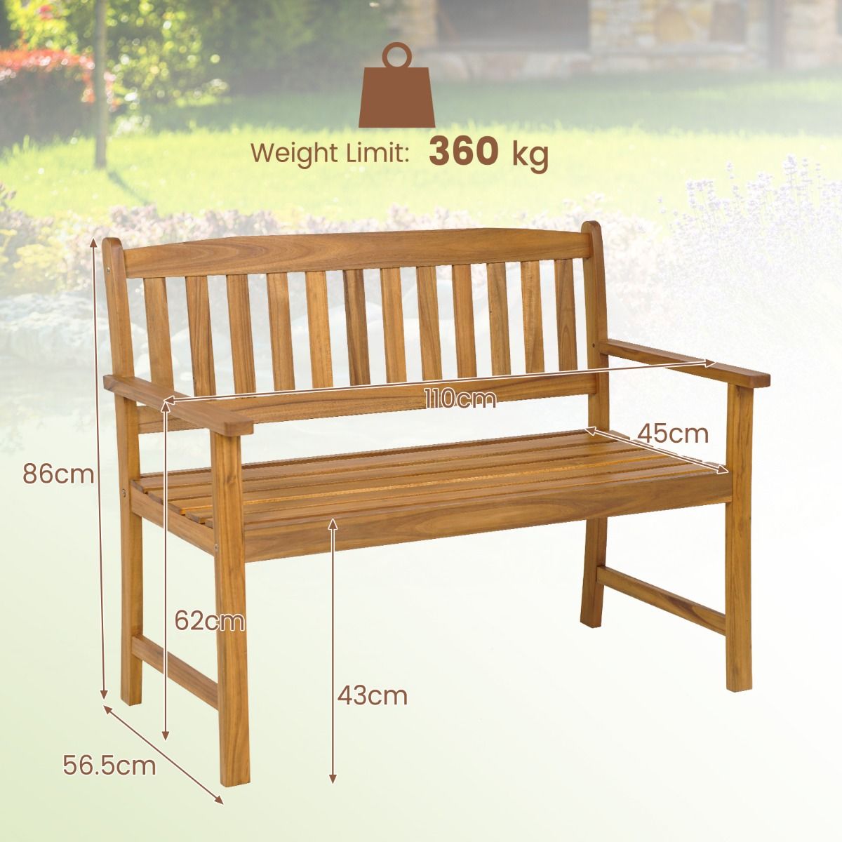 Coast Gartenbank – Massives Akazienholz – 2-Sitzer – Tragkraft bis zu 360 kg – Natur – 110 x 56,5 x 86 cm