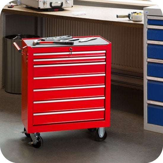 tectake - Werkzeugwagen mit 7 Schubladen - Werkstattwagen, mobile Werkstatt, leerer Werkzeugwagen, Werkzeugkasten, 7 Schubladen, 69 x 33 x 79 cm, Räder mit Bremse, inkl. 2 Schlüssel - rot