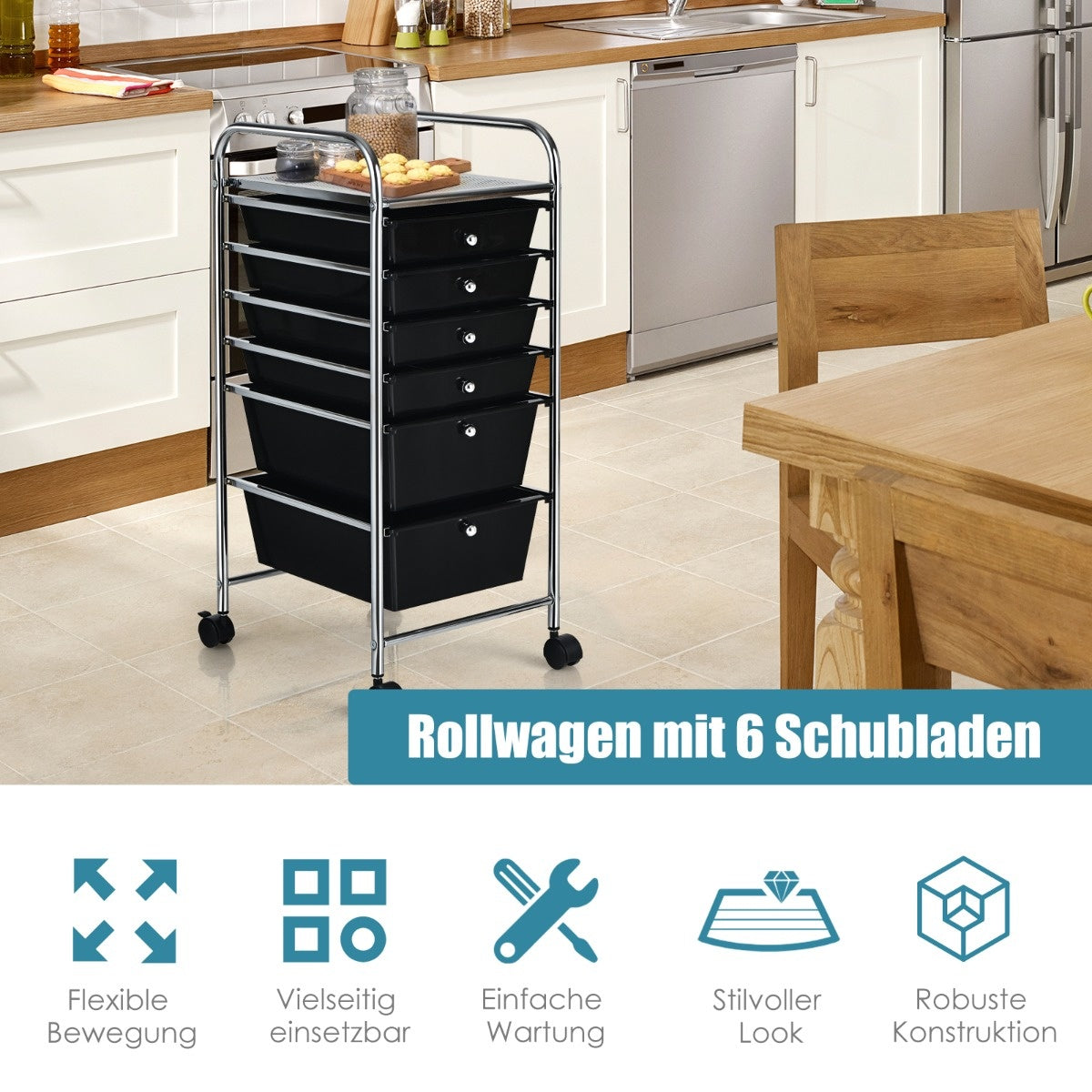 Coast -Wagen mit 6 stapelbaren Schubladen und Metallrahmen und Ablagefläche schwarz