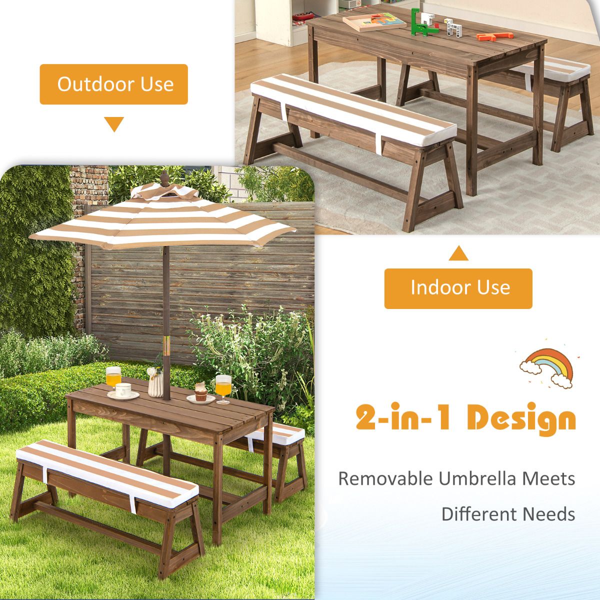 Coast Kids Picknicktisch mit Sonnenschirm und Kissen - 89 x 85 x 47 cm - Farbe Kaffee - Activity Tisch- und Stuhlset für drinnen und draußen