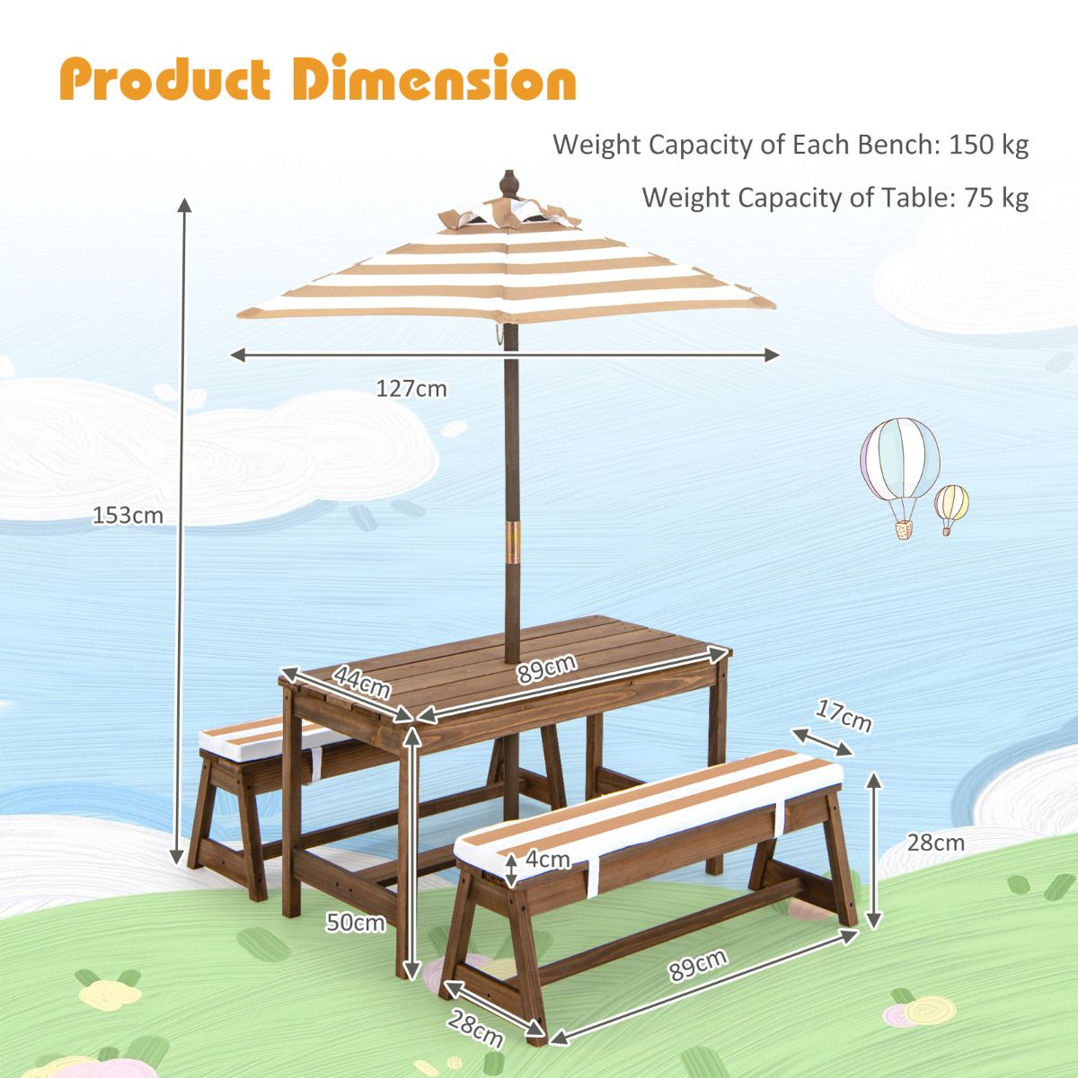 Coast Kids Picknicktisch mit Sonnenschirm und Kissen - 89 x 85 x 47 cm - Farbe Kaffee - Activity Tisch- und Stuhlset für drinnen und draußen