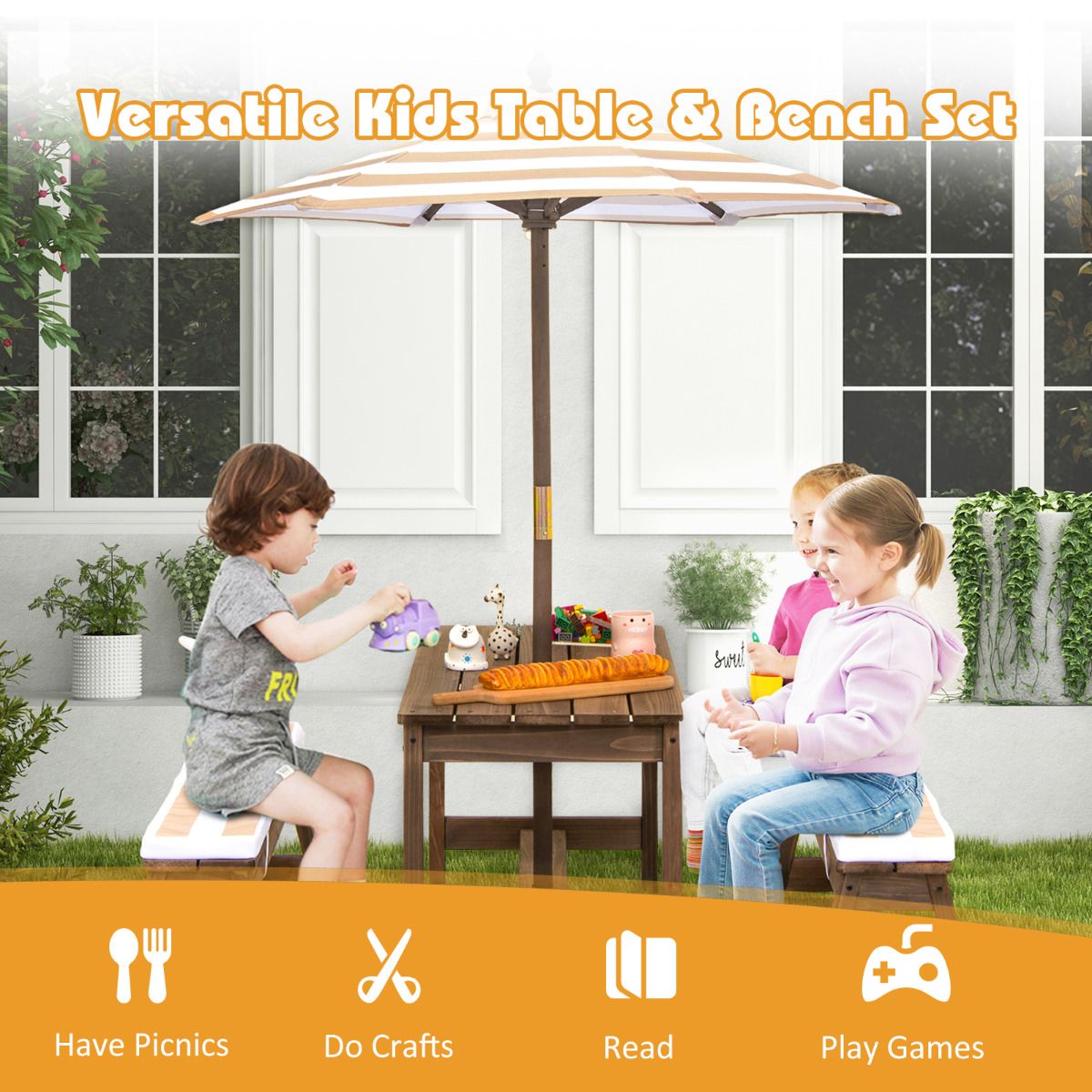 Coast Kids Picknicktisch mit Sonnenschirm und Kissen - 89 x 85 x 47 cm - Farbe Kaffee - Activity Tisch- und Stuhlset für drinnen und draußen