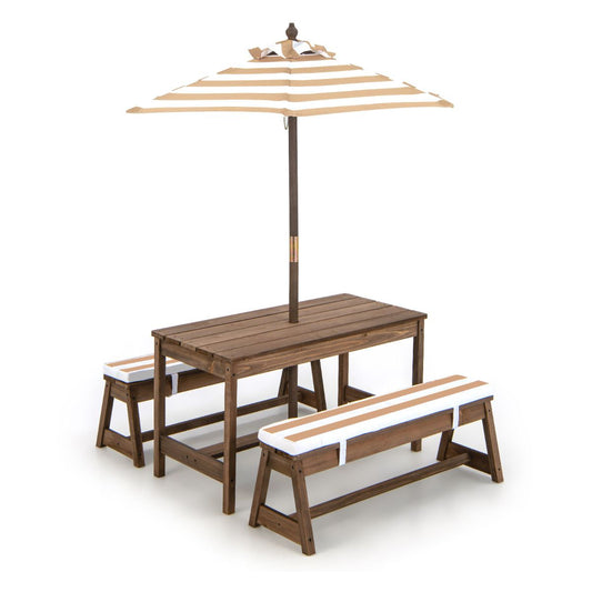 Coast Kids Picknicktisch mit Sonnenschirm und Kissen - 89 x 85 x 47 cm - Farbe Kaffee - Activity Tisch- und Stuhlset für drinnen und draußen