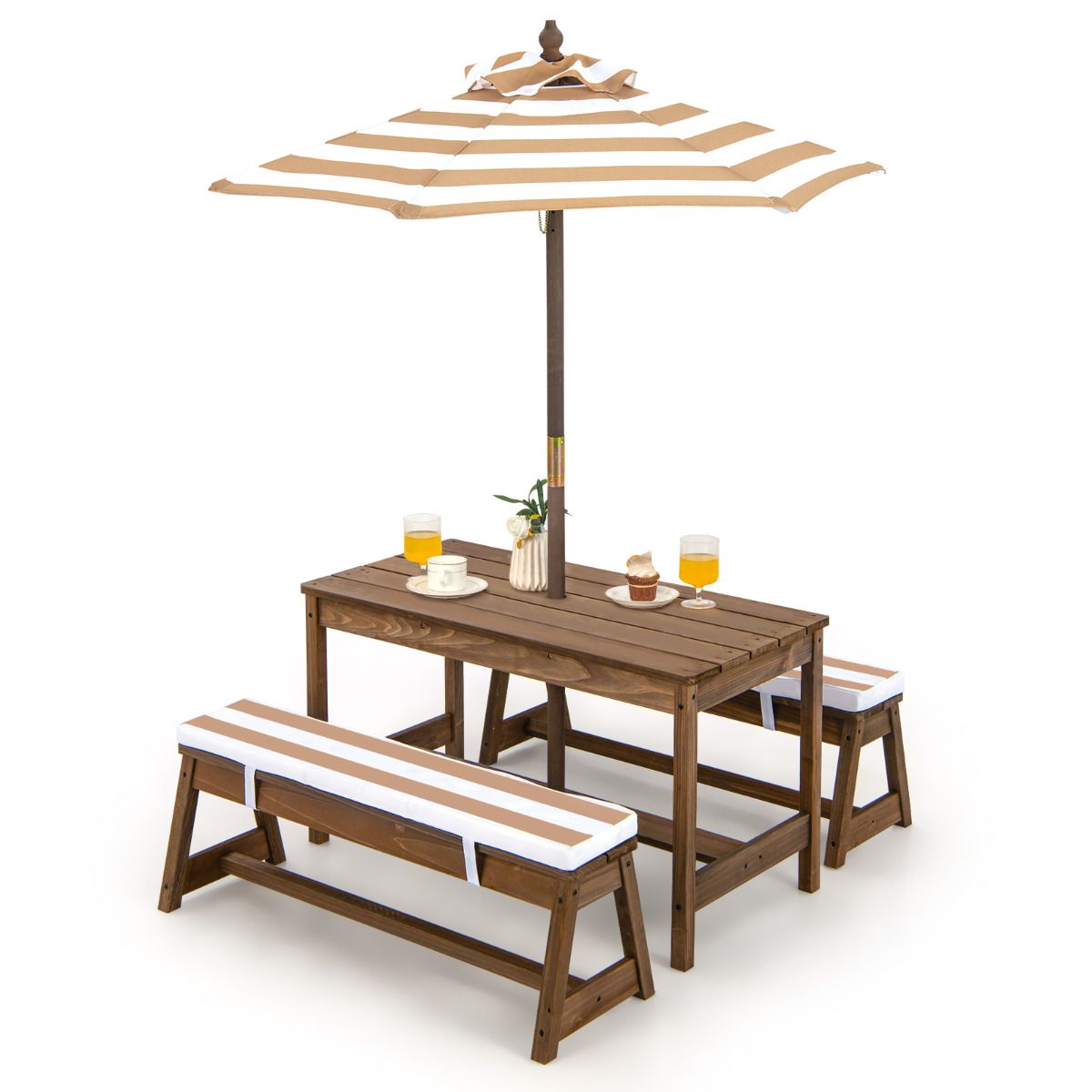 Coast Kids Picknicktisch mit Sonnenschirm und Kissen - 89 x 85 x 47 cm - Farbe Kaffee - Activity Tisch- und Stuhlset für drinnen und draußen