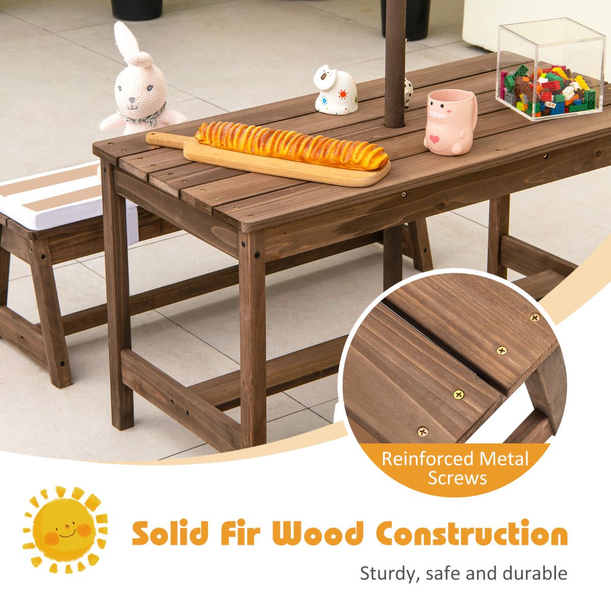 Coast Kids Picknicktisch mit Sonnenschirm und Kissen - 89 x 85 x 47 cm - Farbe Kaffee - Activity Tisch- und Stuhlset für drinnen und draußen